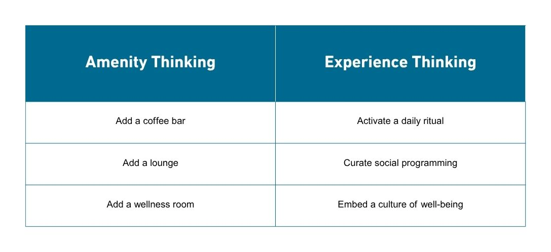 table explaining how we could think about amenities turning into experiences