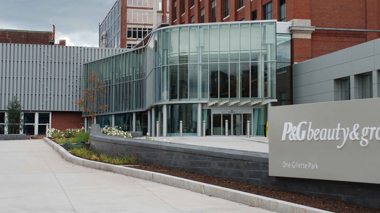 Gillette's building can be seen beside a "P&G Beauty & Grooming" sign