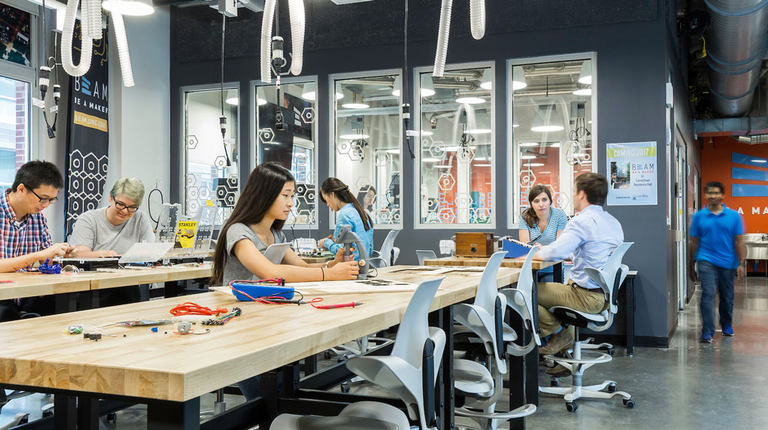 Students sitting in the Murray Hall Makerspace at UNC Chapel Hill