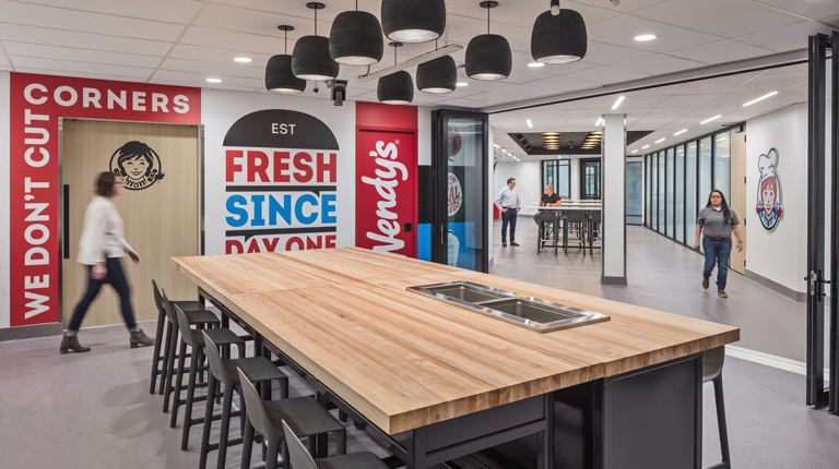 Interior view of branded wall at Wendy's newly renovated corporate headquarters