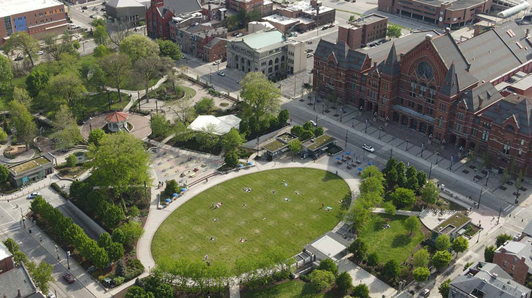 Aerial drone shot of Washington Park in Cincinnati