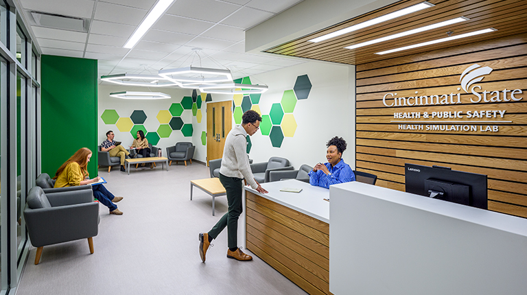 Students and patients wait in the Cincinnati State's Health Simulation Lab lobby.