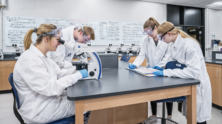 Four students use the lab equipment during class.