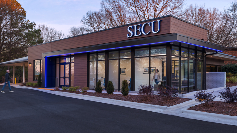 The exterior façade of a new branch for State Employees’ Credit Union