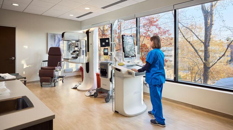 Woman working in the new Wake Radiology Breast Care Center in Cary, NC.