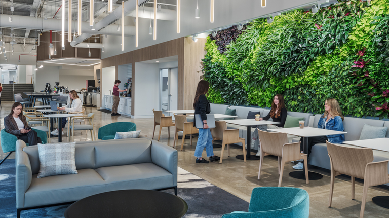 Employees gather in a collaboration area that is backed by a large living wall