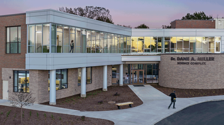 Grace College Dane A. Miller Science Complex exterior view at dusk